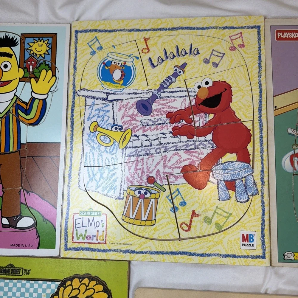 Vintage Wooden Playskool Puzzles - Lot of 5 Barney Sesame Street Made In USA